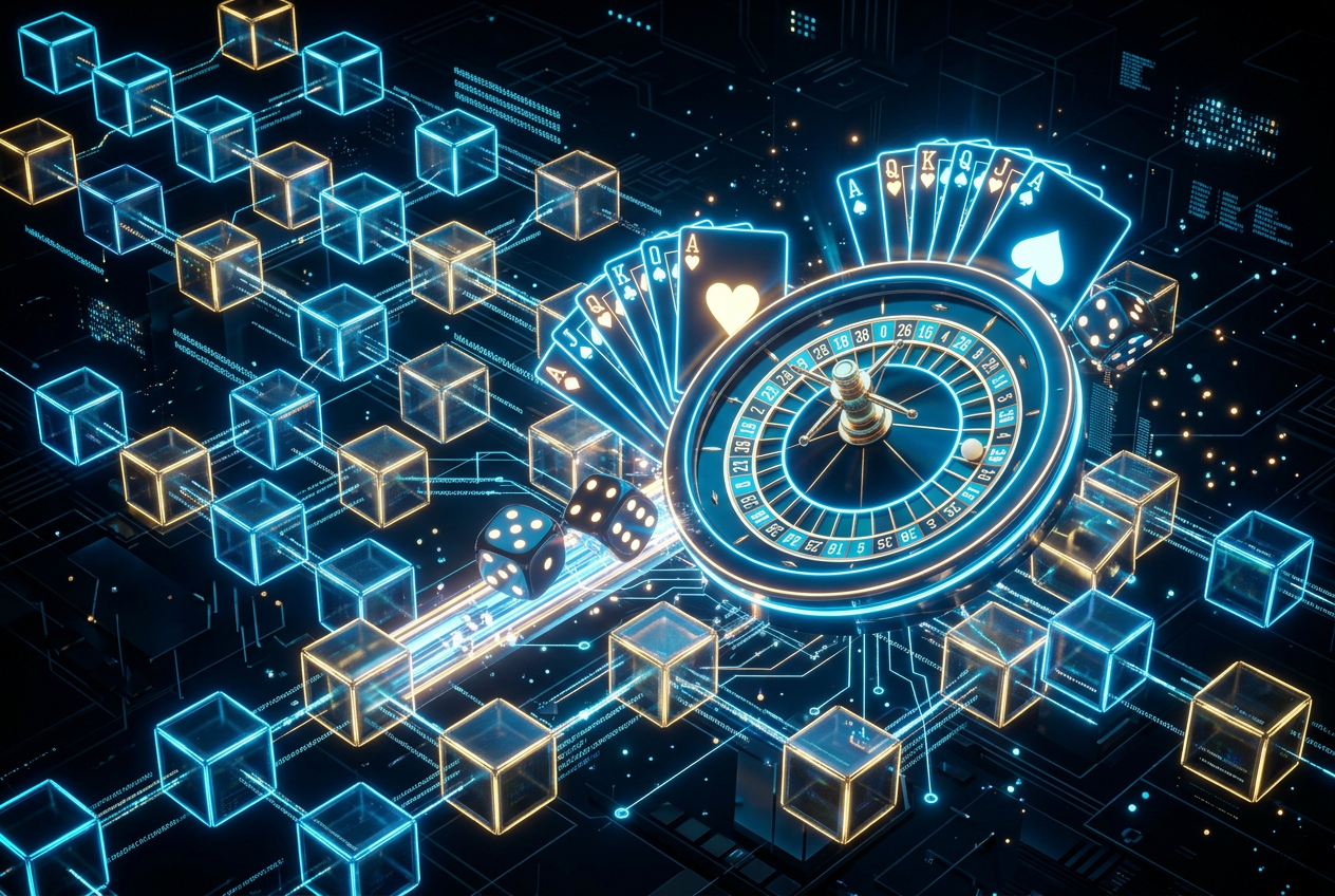 Futuristická vizualizace blockchain technologie a online kasino prvků v digitálním prostoru