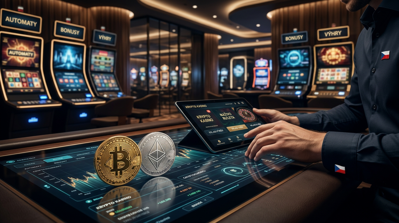 Krypto kasino koncept s bitcoiny a digitálním rozhraním